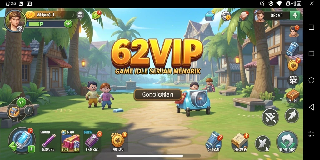 Screenshot gameplay 62VIP menampilkan karakter mengumpulkan sumber daya secara otomatis.