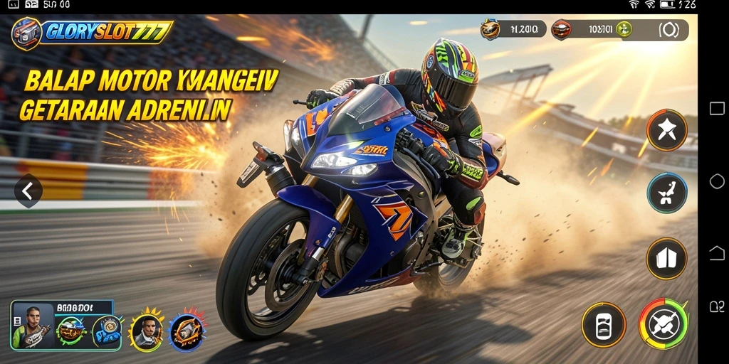 Gameplay seru GLORYSLOT777 dengan balapan motor yang mendebarkan.