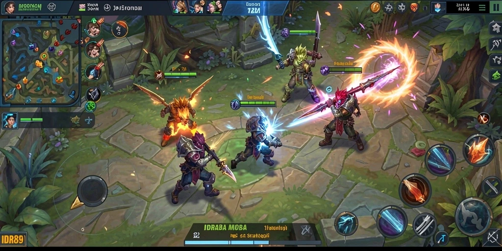Menampilkan pertarungan seru dalam game MOBA IDR89.
