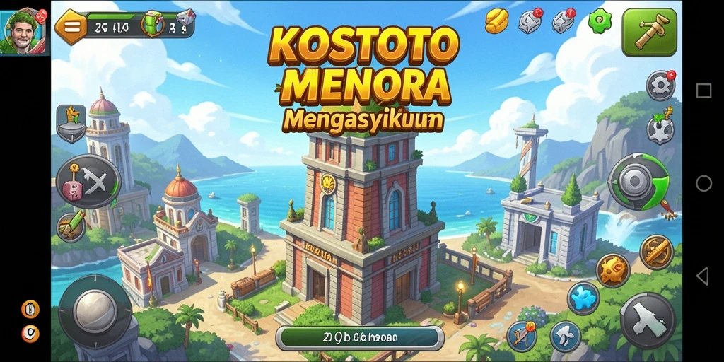 Screenshot gameplay KOSTOTO yang menampilkan aksi pertahanan menara.