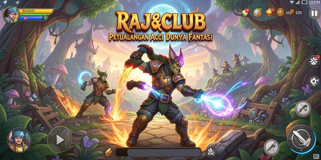 Tangkapan layar utama RAJACLUB menampilkan pertempuran seru di dunia fantasi.