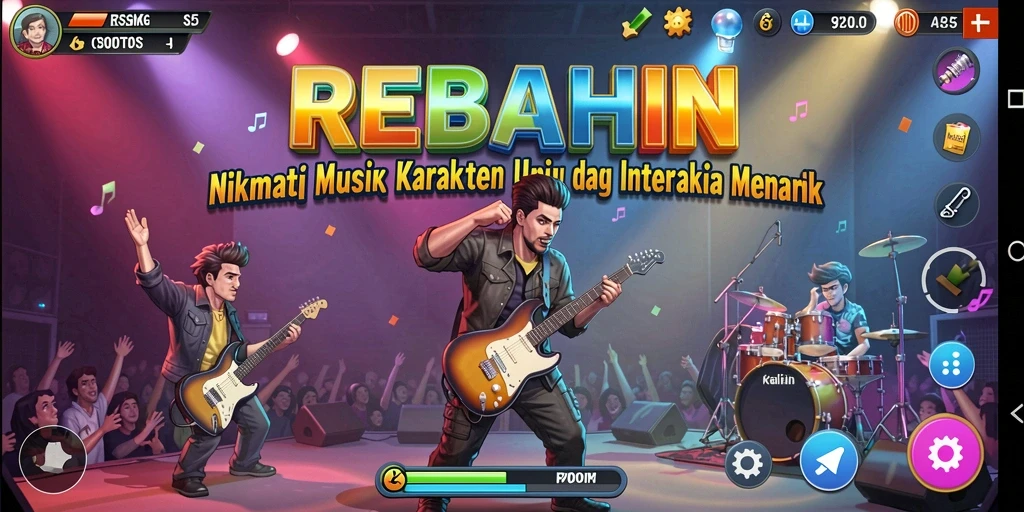 Tangkapan layar gameplay <strong>REBAHIN</strong> menunjukkan karakter yang sedang bermain alat musik.