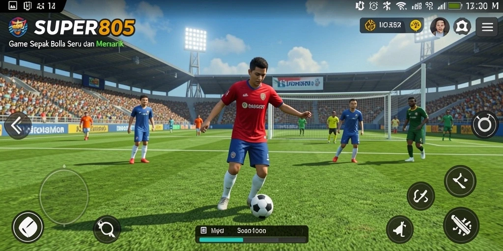 Screenshot utama SUPER805 yang menunjukkan aksi seru sepak bola.