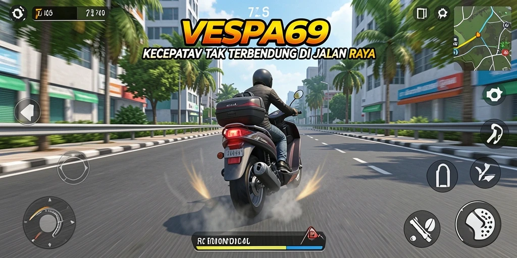 Screenshot utama VESPA69 menampilkan aksi balapan motor yang seru.